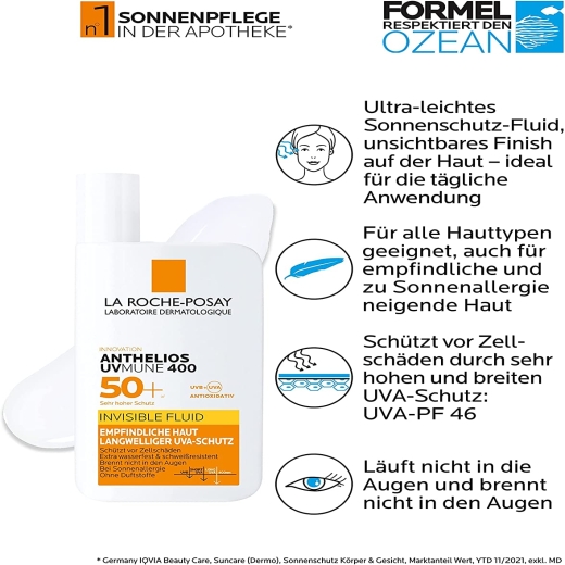 واقي شمس سائل  انثيلوس يو في مون 400 بدون لون لكل انواع البشرة - من لاروش بوزية