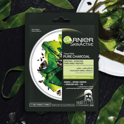 قناع  ورقي يرطب  للوجه وينقي ويخفف مظهر المسامات بخلاصة الفحم النقي- من غارنييه